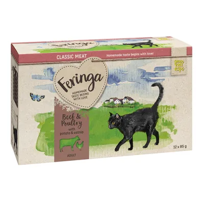 Feringa Classic Meat, Beef & Poultry with potato & catnip, Adult, recette sans céréales, boîte de 12 x 85 g pour chat. Texte en anglais sur l’emballage.
