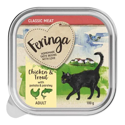 Feringa Classic Meat. Chicken & Trout with potato and parsley, Adult, 100g. Packaging shows black cat in front of landscape.