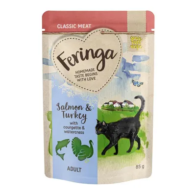 Feringa Classic Meat, Salmon & Turkey with courgette & watercress, ADULT, 85 g. Testo in inglese. Immagine di un gatto nero e icone di salmone e tacchino sulla confezione.