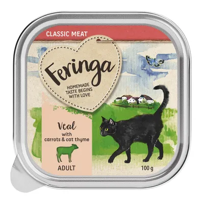 Barquette Feringa Classic Meat pour chat adulte, veau avec carottes et thym pour chat, 100 g. Texte anglais : Homemade taste begins with love.