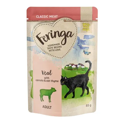 Feringa Classic Meat, Veal with carrots & cat thyme, Adult, 85 g. Testo in inglese. Immagine di un gatto nero e una mucca verde stilizzata sulla confezione.
