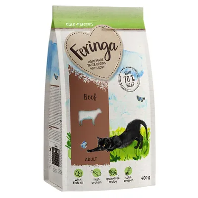Feringa Adult Katzenfutter, Sorte Beef, kaltgepresst, mit 70% Fleischanteil, getreidefrei, hoher Proteingehalt, mit Fischöl. Verpackungsgrösse: 400g.