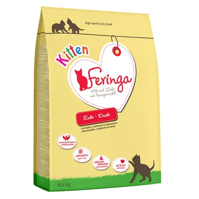 Feringa Kitten Trockenfutter Ente, mit Kürbis, Cranberries & Katzenminze. Eigenschaften: wertvolle Proteine, getreidefrei, optimales Wachstum, mit Taurin. Packungsgrösse: 6,5 kg.