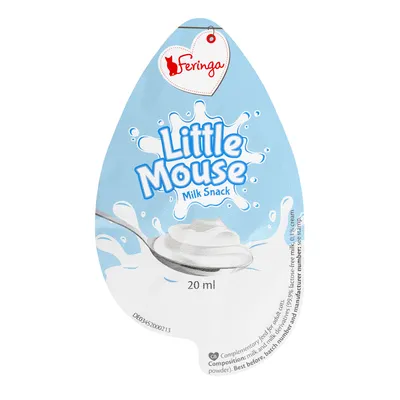 Little Mouse Milk Snack, 20 ml portion shown on packaging with a spoonful of creamy milk product. Contains 99.9% lactose-free milk and cream.