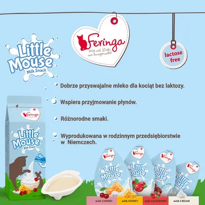 Feringa Little Mouse Milk Snack – mleko dla kociąt bez laktozy, wspiera przyjmowanie płynów, różne smaki: wiśnia, miód, żurawina, śmietanka. Wyprodukowano w Niemczech.