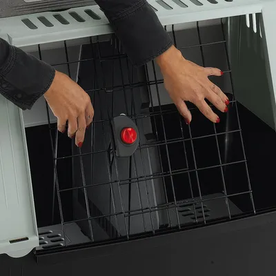Руки открывают металлическую дверцу с красной защёлкой на пластиковой переноске для животных. Видна решётка и часть корпуса переноски.