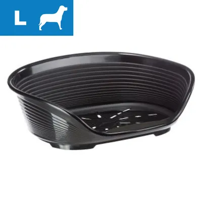 Sort hundekurv i plastik med ventilationshuller i bunden, størrelse L vist med hvidt L og hundesilhuet på blå baggrund øverst til venstre.