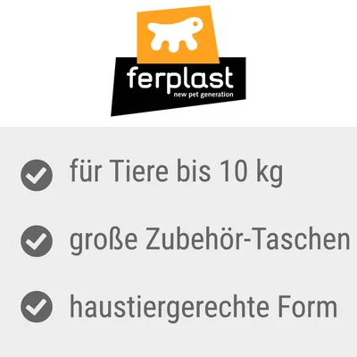 ferplast new pet generation. Für Tiere bis 10 kg, grosse Zubehör-Taschen, haustiergerechte Form.