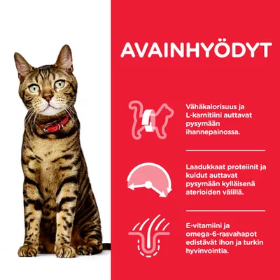 AVAINHYÖDYT: Vähäkalorisuus ja L-karnitiini auttavat pysymään ihannepainossa. Laadukkaat proteiinit ja kuidut auttavat pysymään kylläisenä. E-vitamiini ja omega-6-rasvahapot edistävät ihon ja turkin hyvinvointia.