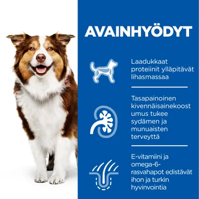 Avainhyödyt: laadukkaat proteiinit ylläpitävät lihasmassaa, tasapainoinen kivennäisainekoostumus tukee sydämen ja munuaisten terveyttä, E-vitamiini ja omega-6 edistävät ihon ja turkin hyvinvointia.