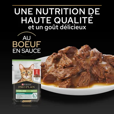 Purina Pro Plan Sterilised Adult, sachet de nourriture pour chat au bœuf en sauce. Texte : Une nutrition de haute qualité et un goût délicieux au bœuf en sauce.
