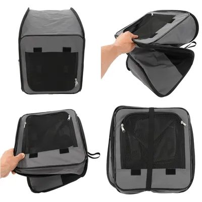 Borsa da trasporto grigia con finestre in rete, cerniere e manico. Pieghevole, mano mostra il meccanismo di apertura.