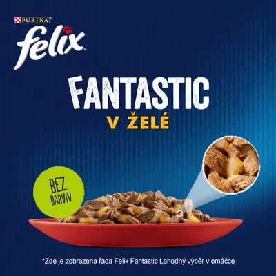 Purina Felix Fantastic v želé, bez farbív. Na obrázku miska s kúskami krmiva pre mačky v želé. Text v češtine: Zde je zobrazena řada Felix Fantastic Lahodný výběr v omáčce.