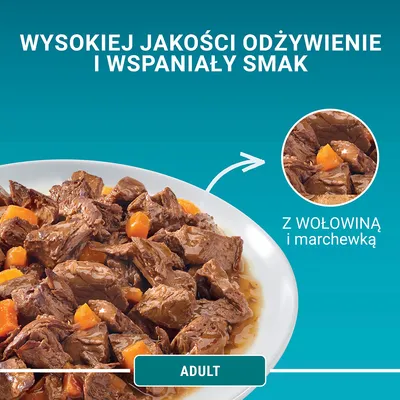 Wysokiej jakości odżywienie i wspaniały smak. Z wołowiną i marchewką. ADULT.