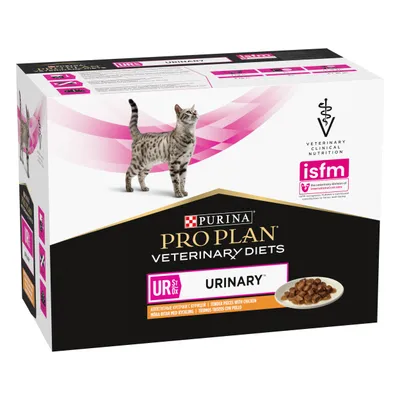 Purina Pro Plan Veterinary Diets Urinary, tender pieces with chicken, veterinary clinical nutrition, ISFM certified, visible food pieces on packaging.