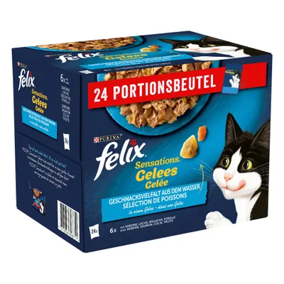 Boîte Purina Felix Sensations Gelées, 24 sachets portions, sélection de poissons : sardine, saumon, colin, truite, avec image d’un chat et morceaux en gelée visibles sur l’emballage.