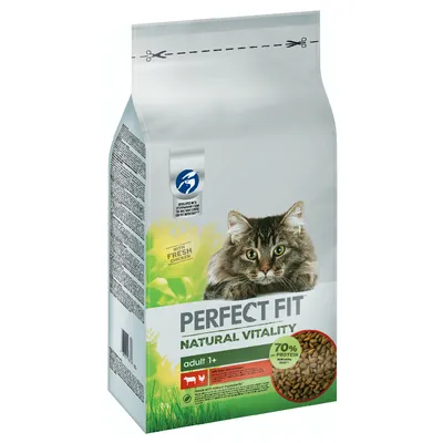 PERFECT FIT Natural Vitality adult 1+ cat food with fresh chicken, 70% of protein animal origin, image of kibble and a long-haired tabby cat on front of bag