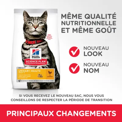 Hill's Science Plan Urinary Health Adult 1+ Chicken pour chat. Même qualité nutritionnelle et goût, nouveau look, nouveau nom. Principaux changements, respecter la période de transition.