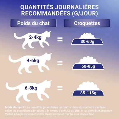 Conseils d’alimentation pour chats : 2–4 kg 30–60 g, 4–6 kg 60–85 g, 6–8 kg 85–115 g de croquettes par jour. Mode d’emploi visible en bas de l’image.