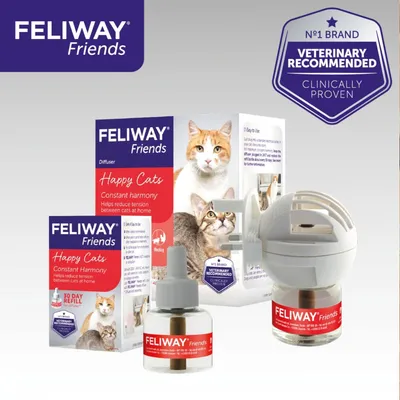 Feliway Friends diffuser and refill packaging showing 'Happy Cats, Constant harmony. Helps reduce tension between cats at home.' Veterinary recommended, clinically proven.
