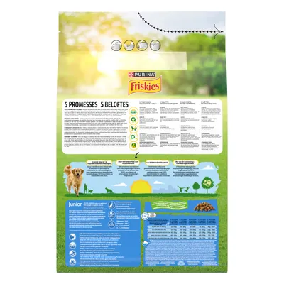 Zadní strana balení Purina Friskies s textem 5 PROMESSES 5 BELOFTES, tabulkou krmných dávek, ikonami a informacemi o složení pro Junior variantu. Text ve francouzštině a nizozemštině.