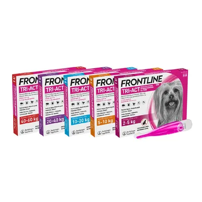 Frontline TRI-ACT, opakowania dla psów o wadze: 2–5 kg, 5–10 kg, 10–20 kg, 20–40 kg, 40–60 kg. Widoczne pipety i logo Boehringer Ingelheim.