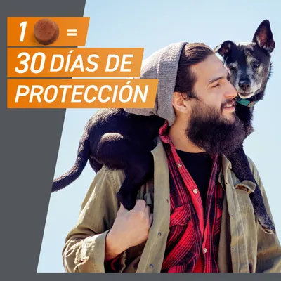1 tableta ofrece 30 días de protección. Texto sobre fondo naranja.