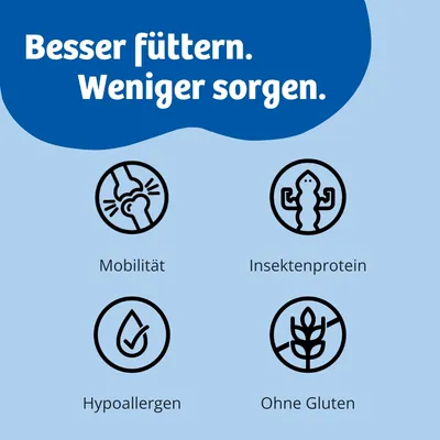 Besser füttern. Weniger sorgen. Mobilität, Insektenprotein, Hypoallergen, Ohne Gluten.