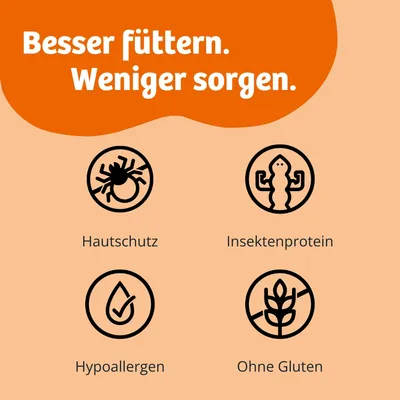 Besser füttern. Weniger sorgen. Hautschutz, Insektenprotein, Hypoallergen, Ohne Gluten.