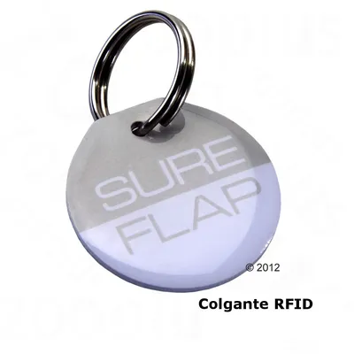 Colgante RFID circular con anilla metálica, marca SURE FLAP visible en la superficie. Texto: Colgante RFID.