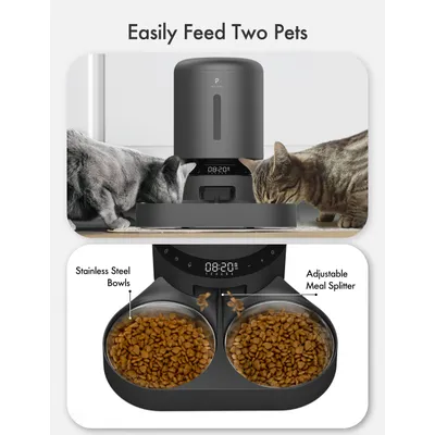 Automatic pet feeder with digital display, two stainless steel bowls filled with kibble, adjustable meal splitter. Text: Easily Feed Two Pets, Stainless Steel Bowls, Adjustable Meal Splitter.