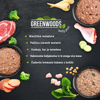 GREENWOODS. Brezžitne recepture, peščica izbranih sestavin, vsebuje, kar je navedeno, kakovostne beljakovine iz enega vira mesa, čudovito kremasto kuhana s koščki.
