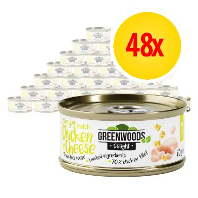 Pack of 48 Greenwoods Delight Chicken with Cheese tins, grain-free recipe, limited ingredients, 70% chicken fillet, visible on product label.