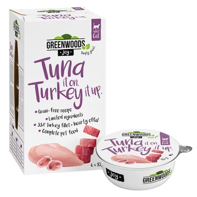 Greenwoods Joy cibo umido per gatti adulti, ricetta con filetto di tacchino e frattaglie, senza cereali, ingredienti limitati, alimento completo. Confezione mostra dettagli del prodotto e immagini di carne.