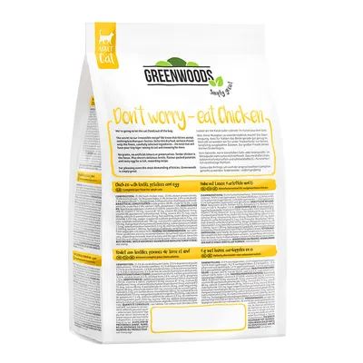 Sac de croquettes pour chat adulte Greenwoods, texte visible : Don't worry – eat Chicken, Poulet aux lentilles, pommes de terre et œuf, aliment complet, composition et conseils d’alimentation.