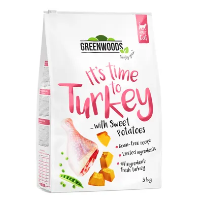 Greenwoods Adult Cat kuivaruoka, It's time to Turkey bataatilla, viljaton, rajoitetut ainesosat, pääainesosa tuore kalkkuna, pakkauskoko 3 kg.