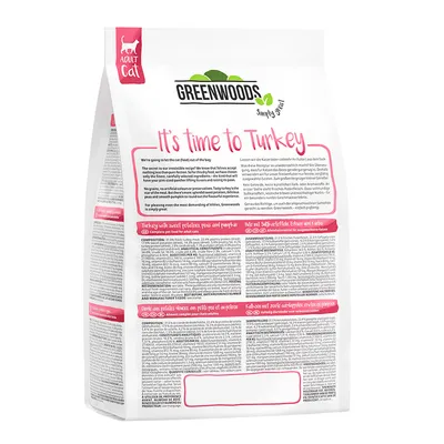 Greenwoods Adult Cat Trockenfutter 'It's time to Turkey' mit Truthahn, Süßkartoffeln, Erbsen und Paprika. Zusammensetzung und Nährwertangaben auf der Verpackung sichtbar.
