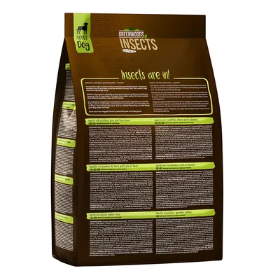 Greenwoods Insects Adult Dog Trockenfutter. Verpackung mit Produktbeschreibung, Zutatenliste und Fütterungsempfehlungen in mehreren Sprachen.