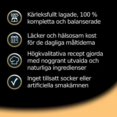 Kärleksfullt lagade, 100 % kompletta och balanserade. Läckra och hälsosamma måltider. Högkvalitativa recept med naturliga ingredienser. Inget tillsatt socker eller artificiella smakämnen.