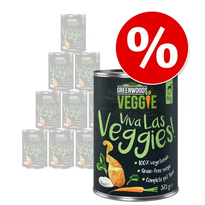 Greenwoods Veggie Viva Las Veggies! 100% vegetáriánus, gabonamentes recept, teljes értékű eledel felnőtt kutyáknak, 375g konzerv. Piros kedvezményjel százalékjellel.
