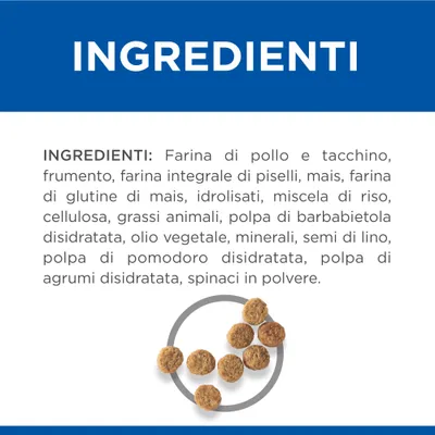 INGREDIENTI: Farina di pollo e tacchino, frumento, farina integrale di piselli, mais, farina di glutine di mais, idrolisati, miscela di riso, cellulosa, grassi animali, polpa di barbabietola disidratata, olio vegetale, minerali, semi di lino, polpa di pomodoro disidratata, polpa di agrumi disidratata, spinaci in polvere.