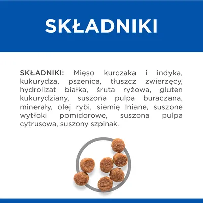 SKŁADNIKI: Mięso kurczaka i indyka, kukurydza, pszenica, tłuszcz zwierzęcy, hydrolizat białka, śruta ryżowa, gluten kukurydziany, suszona pulpa buraczana, minerały, olej rybi, siemię lniane, suszone wytłoki pomidorowe, suszona pulpa cytrusowa, suszony szpinak.