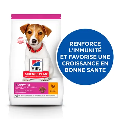 Hill’s Science Plan Puppy <1 Small & Mini up to 10 kg avec poulet. Renforce l’immunité et favorise une croissance en bonne santé. Sans conservateurs ni arômes artificiels.