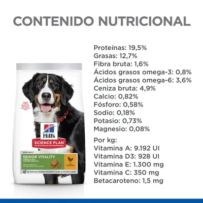 Contenido nutricional de Hill's Science Plan Senior Vitality: proteínas 19,5 %, grasas 12,7 %, fibra bruta 1,6 %, omega-3 0,8 %, omega-6 3,6 %, vitaminas A, D3, E, C y betacaroteno.