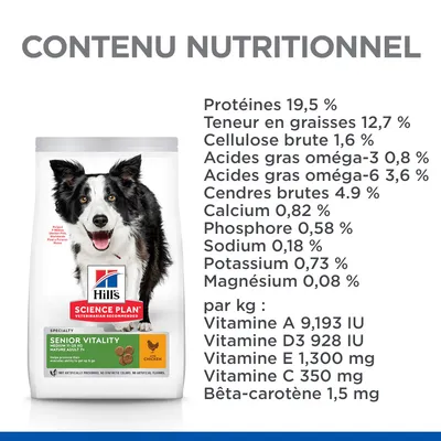 Hill's Science Plan Senior Vitality pour chien, tableau nutritionnel visible : protéines 19,5 %, graisses 12,7 %, calcium 0,82 %, vitamines A, D3, E, C, bêta-carotène. Saveur poulet.