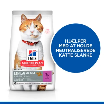 Hill's Science Plan Sterilised Cat Young Adult 6 Months – 6 Years with Duck. Hjælper med at holde neutraliserede katte slanke. Ingen kunstige farver eller smagsstoffer.
