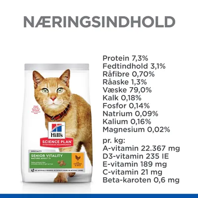 Hill's Science Plan Senior Vitality kattefoder. Næringsindhold: protein 7,3 %, fedt 3,1 %, råfibre 0,70 %, væske 79 %, A-vitamin 22.367 mg, D3-vitamin 235 IE, E-vitamin 189 mg pr. kg.