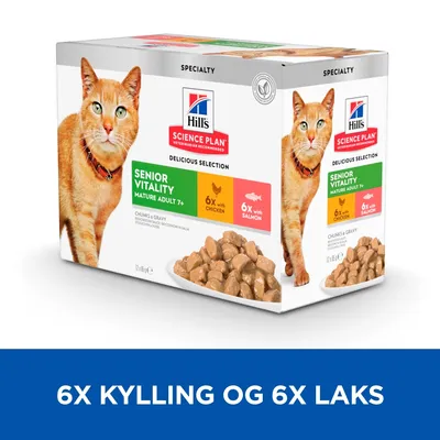 Hill's Science Plan Senior Vitality Mature Adult 7+, pakke med 6x kylling og 6x laks, vådfoder til kat. Synlige stykker i sovs på emballagen.
