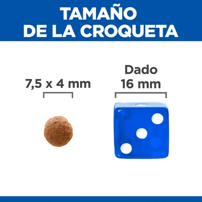 Tamaño de la croqueta: 7,5 x 4 mm junto a un dado azul de 16 mm para comparación visual. Texto visible: 'Tamaño de la croqueta', '7,5 x 4 mm', 'Dado 16 mm'.