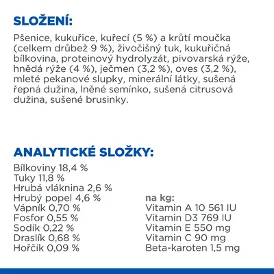 Složení: pšenice, kukuřice, kuřecí a krůtí moučka, živočišný tuk, pivovarská rýže, ječmen, oves, lněné semínko, sušené brusinky. Analytické složky: bílkoviny 18,4 %, tuky 11,8 %, vláknina 2,6 %.